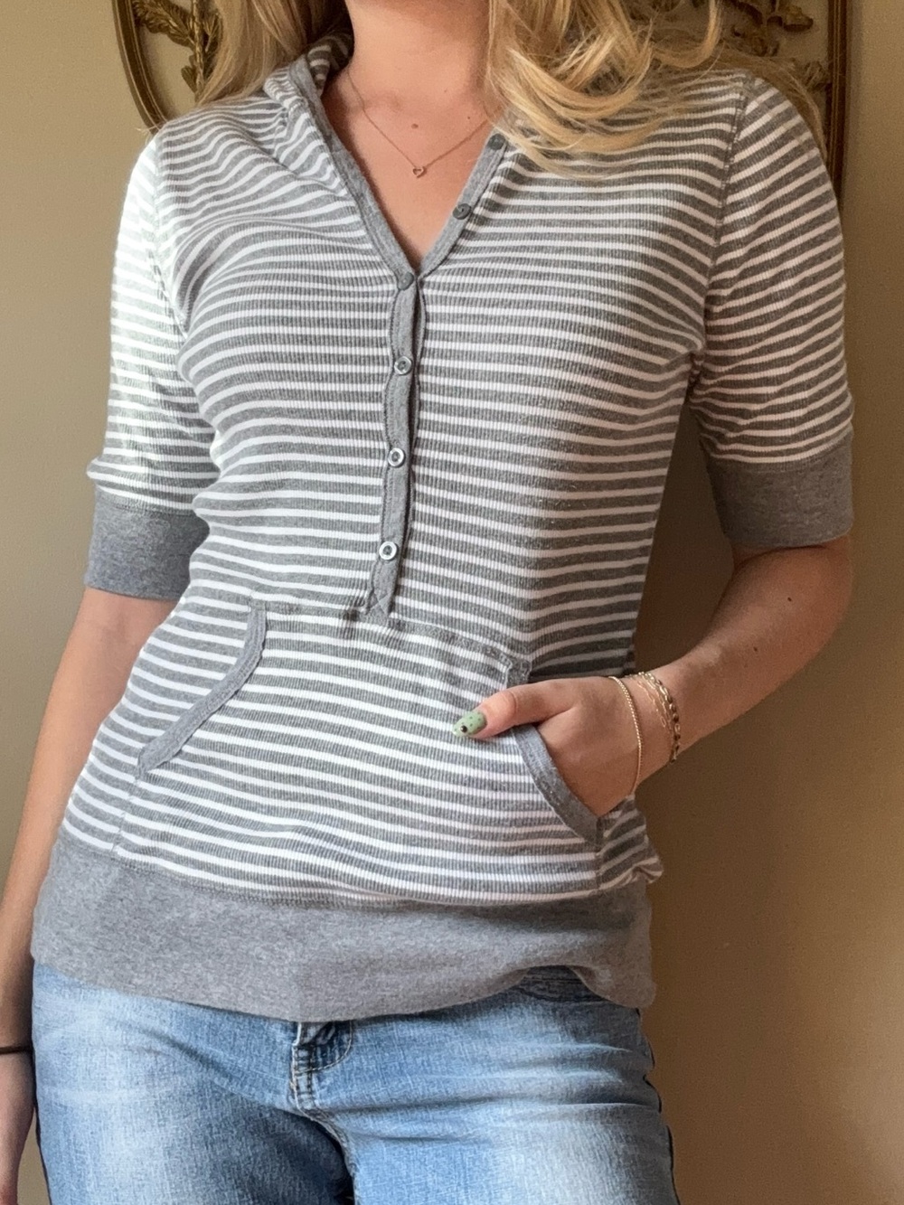 Sonoma Gray & White Striped Hooded Henley Sweater - Picture 6 of 8